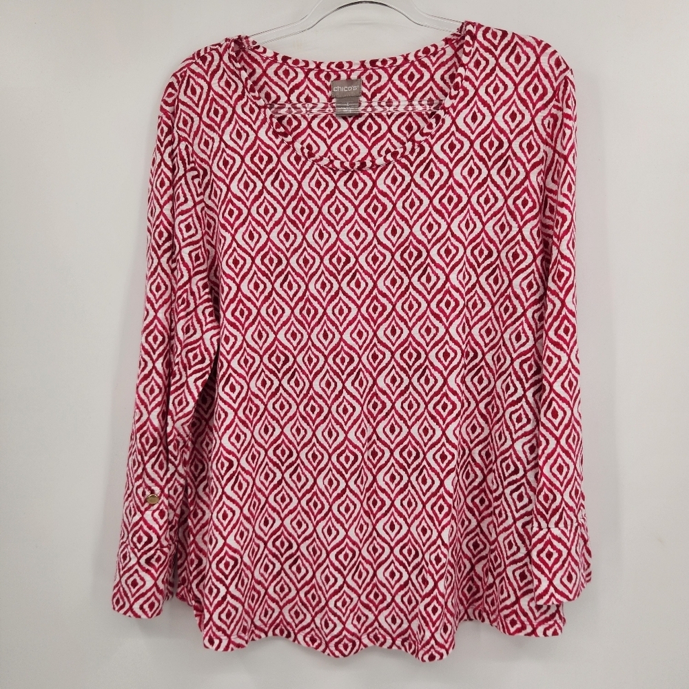Chicos 3 Long Sleeve Printed Top Tee Womens Size XL Pink White Geometric - Picture 8 of 8